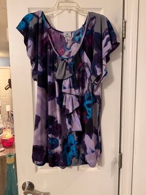 Worthington Purple and Blue Abstract Ruffle Blouse
